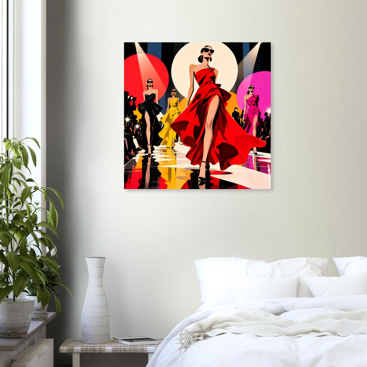 Gerahmtes Pop-Art-Poster mit Frau im roten Kleid, Laufstegszene und farbigen Kreisen.