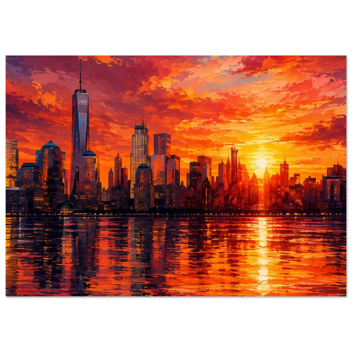 Poster: New-York-Skyline mit One World Trade Center, Sonnenuntergang und Spiegelung im Wasser