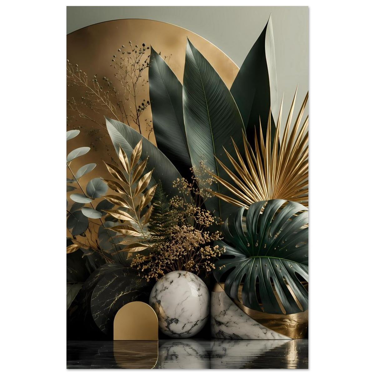 Botanisches Poster im Hochformat mit goldenen Akzenten, Palmenblättern und Marmorbögen.