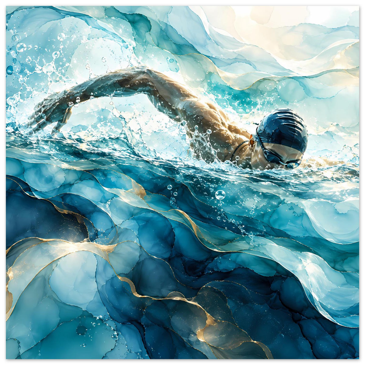 Wandposter mit Schwimmer im blauen Wasser, viele Blasen und Strömung, vertikales Format