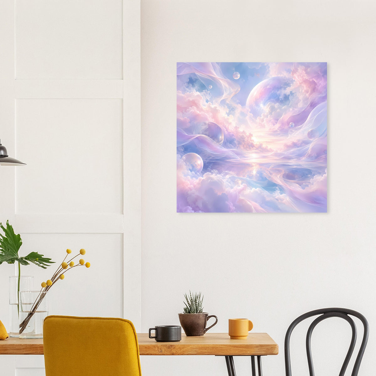 Quadratisches Poster mit wolkigem Himmel in Pastellfarben, samtigem Blau und Rosa.