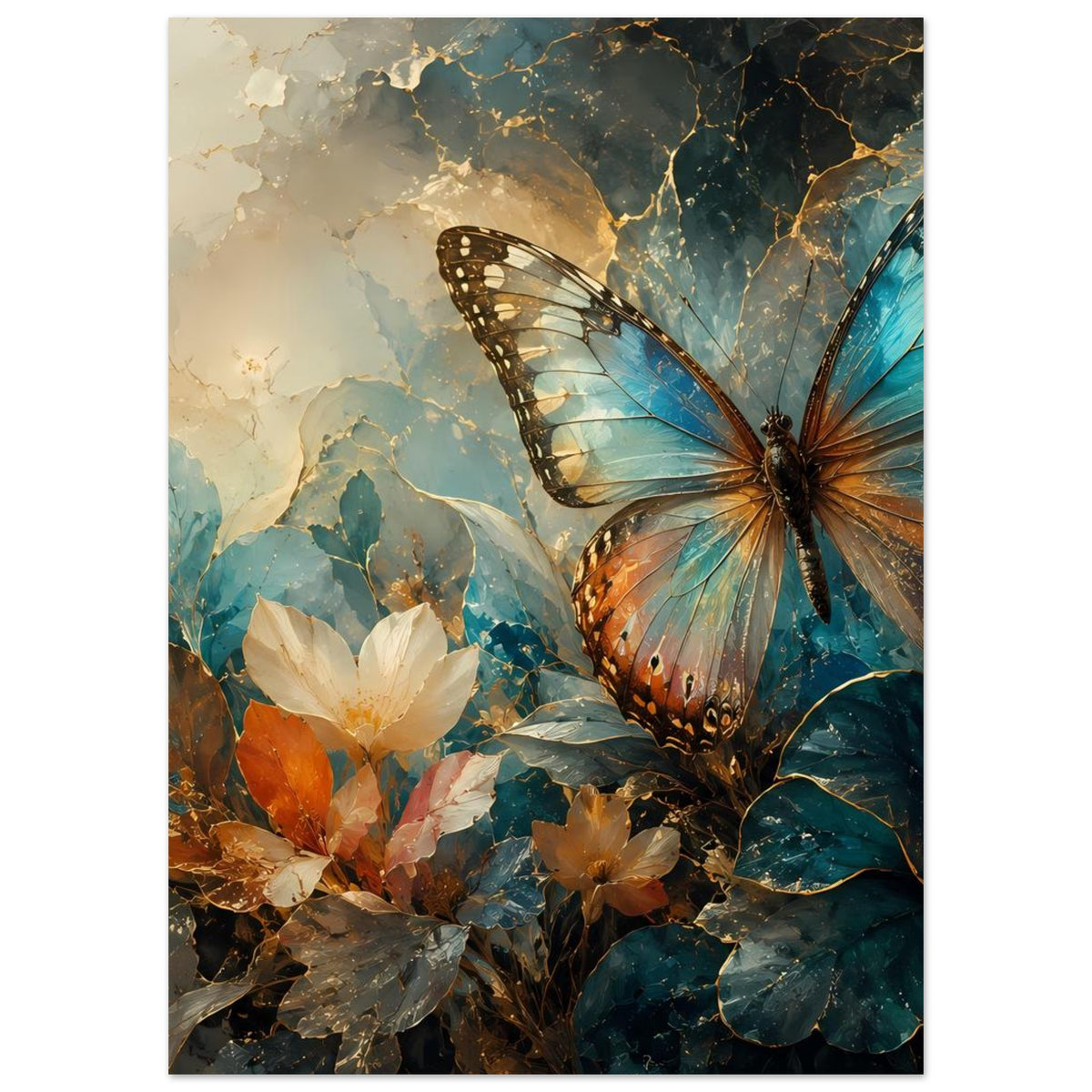 Vertikales Poster mit Schmetterling und Blumen in Blau, Beige und Goldtönen
