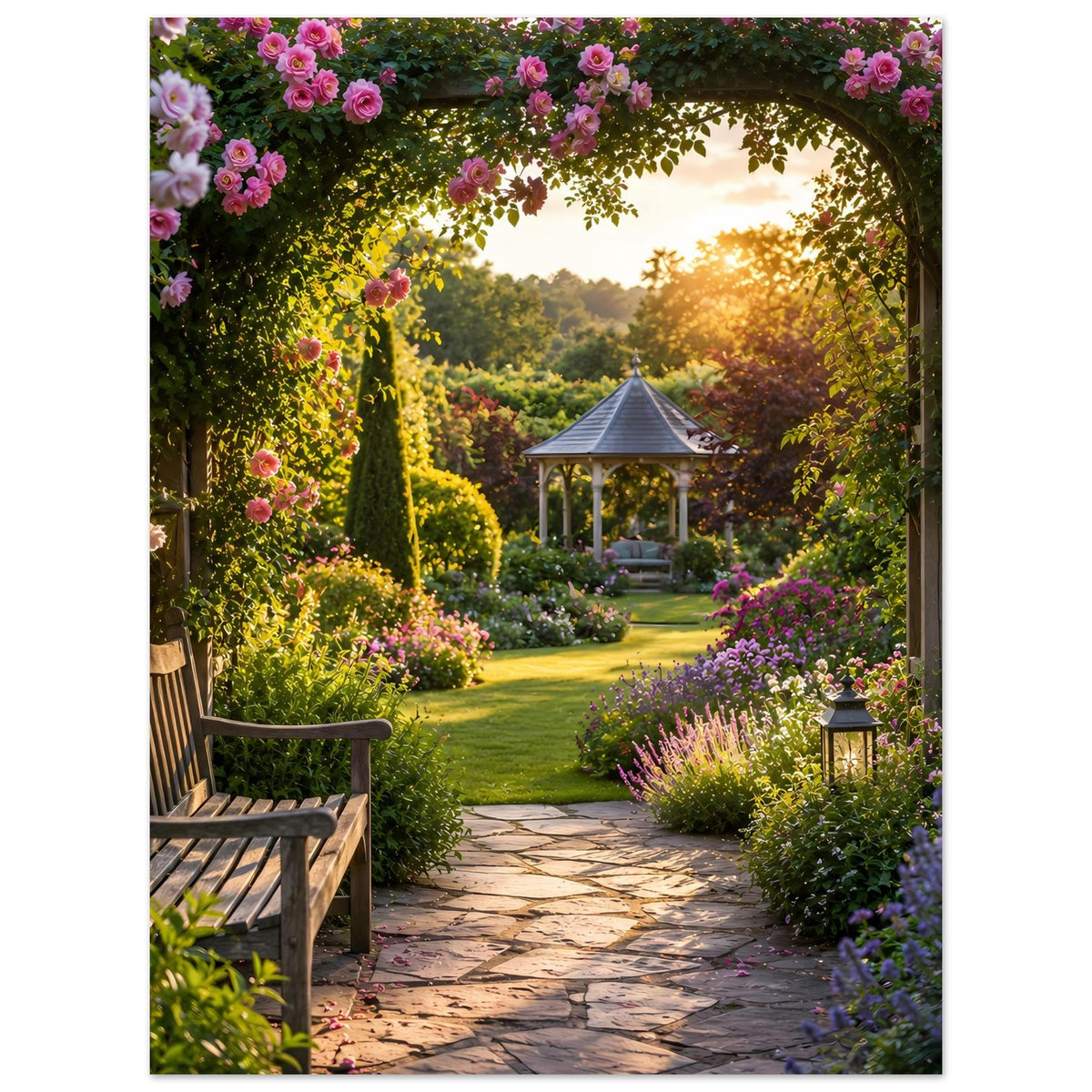 Naturposter: Blütenbogen oben, Gartenweg mit Solarlaternen, Pavillon und farbige Blumenbeete