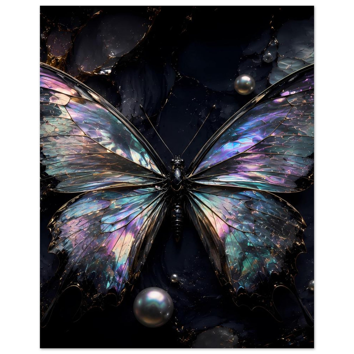 Schmetterling-Poster mit schillernden Flügeln, zentraler Falterfigur und seitlichen Flügelspitzen.