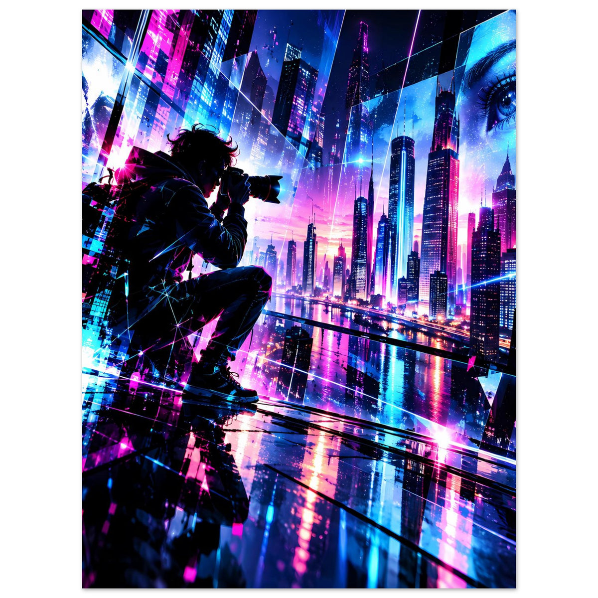 Neon-Cyberpunk-Stadtposter in Hochformat mit Figur links und leuchtenden Wolkenkratzern
