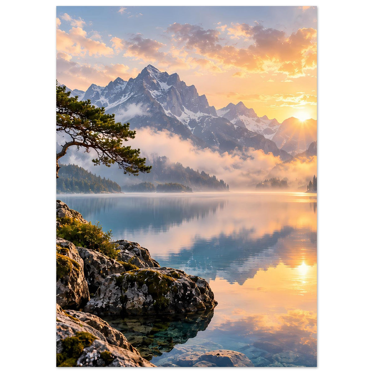 Vertikales Poster: Bergpanorama mit Sonnenaufgang, Nebel über dem See und Felsenriff