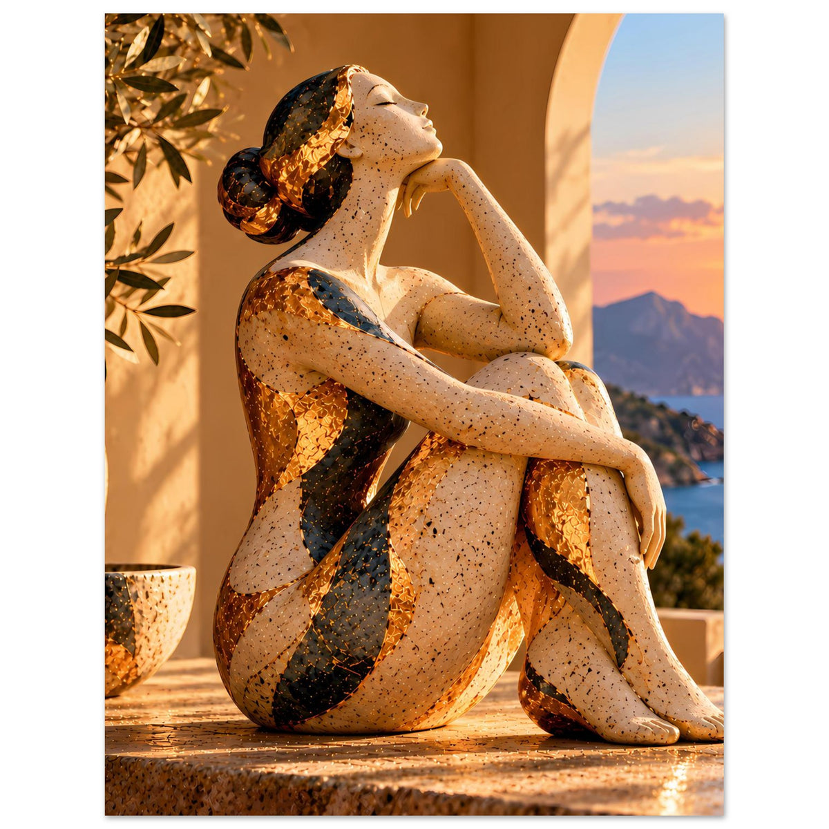 Poster im Hochformat mit sitzender Bronzefigur, Meer und Bergsilhouette im Hintergrund