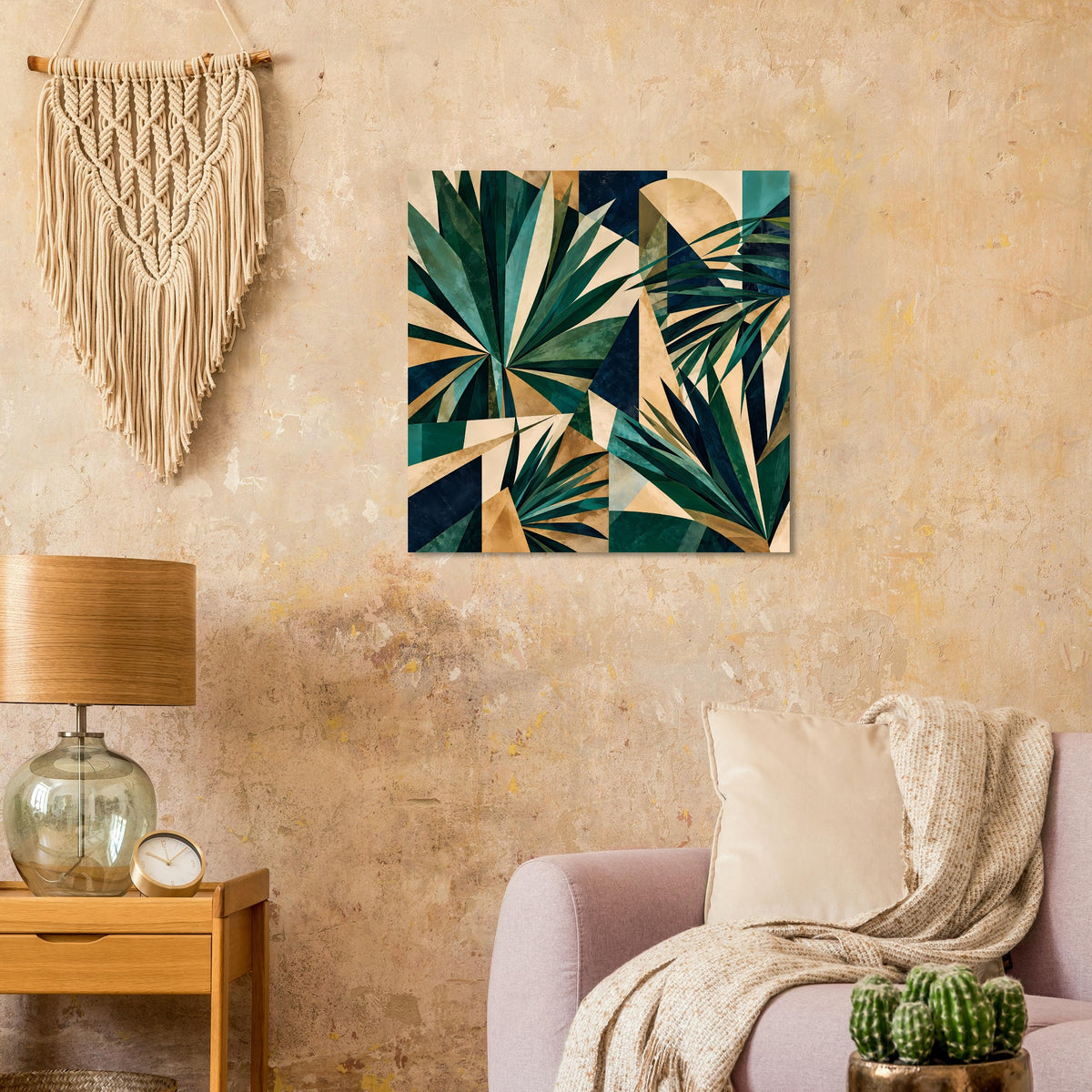 Quadratisches Kunstposter mit geometrischen Palmenblättern in Grün, Gold und Dunkelblau