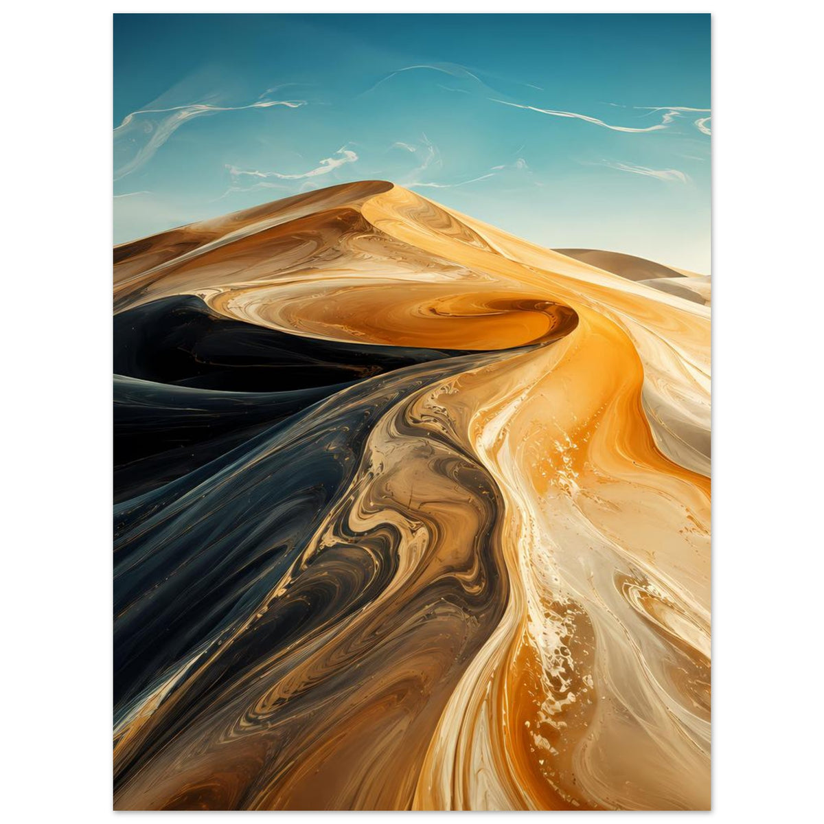 Abstraktes Wüstenwellen-Poster im Hochformat mit goldenen Sandwirbeln und dunklen Dünen