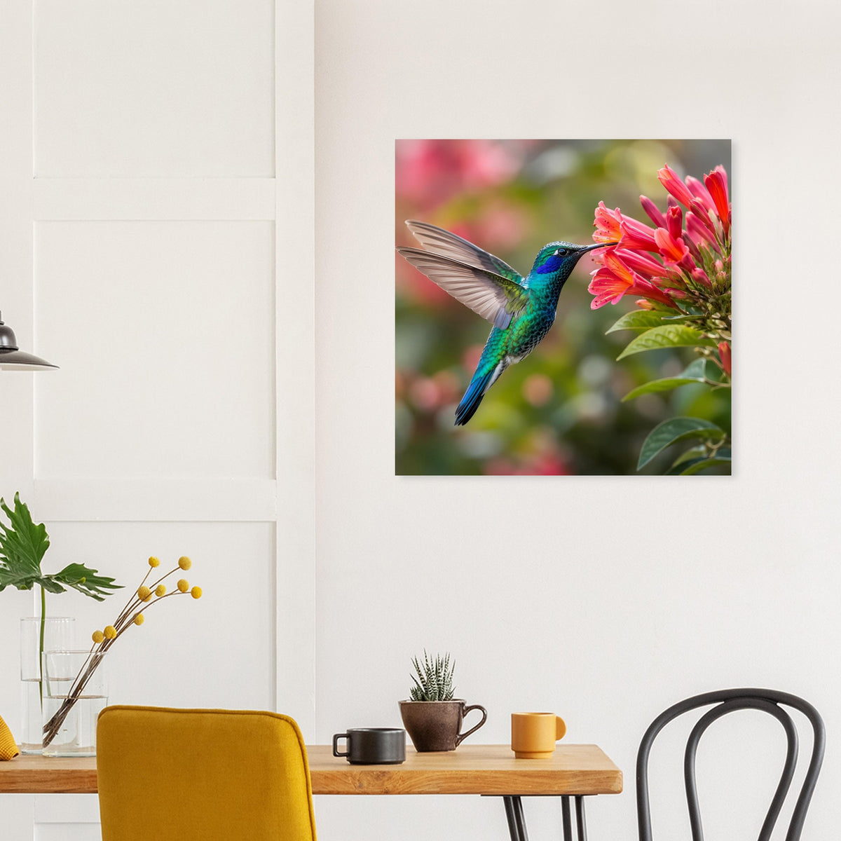 Naturposter an der Wand: türkisgrüner Kolibri zwischen pinken Blüten und Blättern