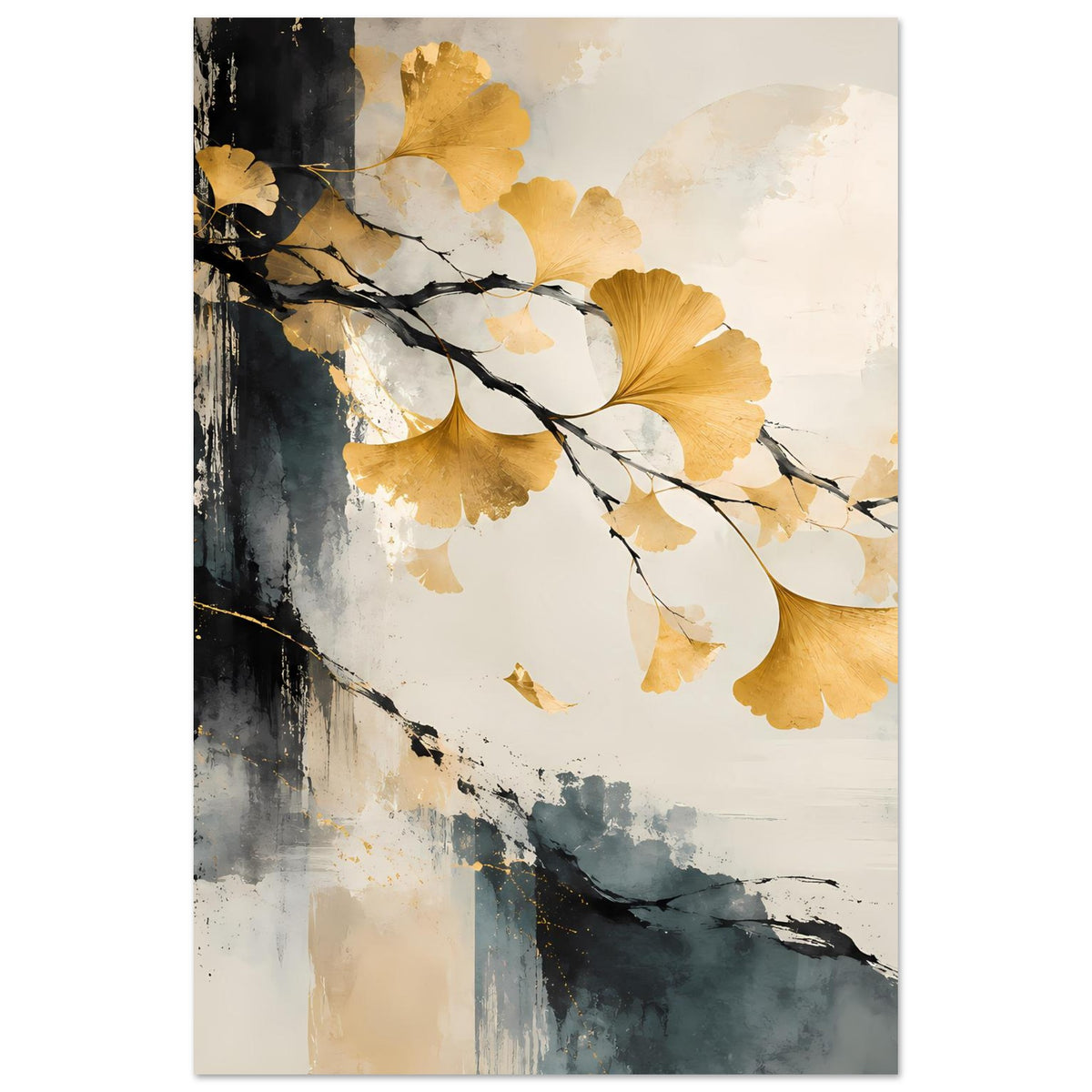 Kunst-Poster mit goldenen Ginkgo-Blättern, schwarzen Ästen und Aquarell-Pinselstrichen in Beige/Grau