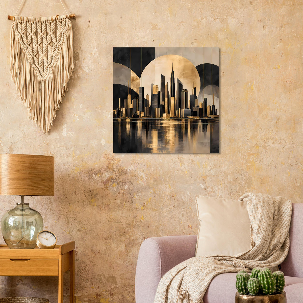 Gold-schwarzes Stadtposter mit Stadtsilhouette und goldenem Halbmond über der Skyline
