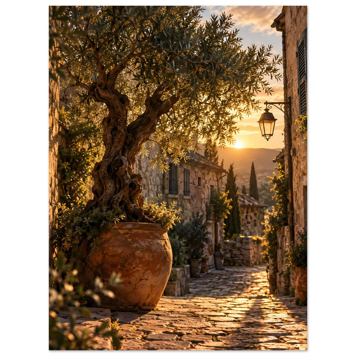 Sonnenuntergang-Poster: Olivenbaumkrone über Kopfsteinweg zwischen Steingebäuden