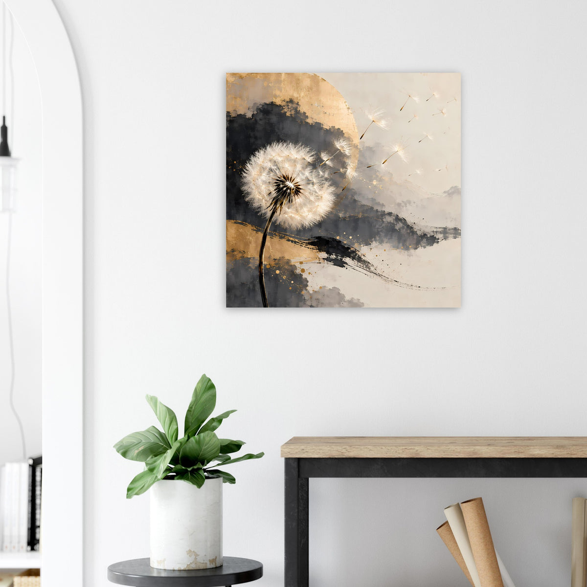 Kunstposter mit Pusteblume: goldener Bogen, graue Wolken und schwarze Linien im Motiv