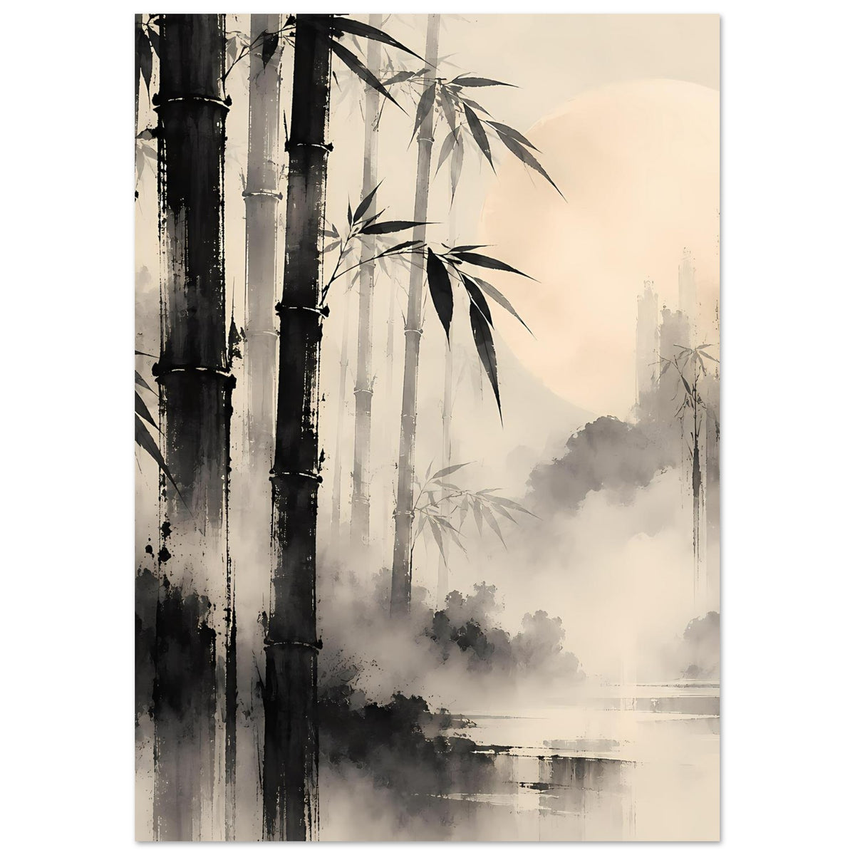 Poster mit Bambuswald-Motiv, schwarze Stämme und Bambuszweige, Nebel, schwarz-grau auf Beige