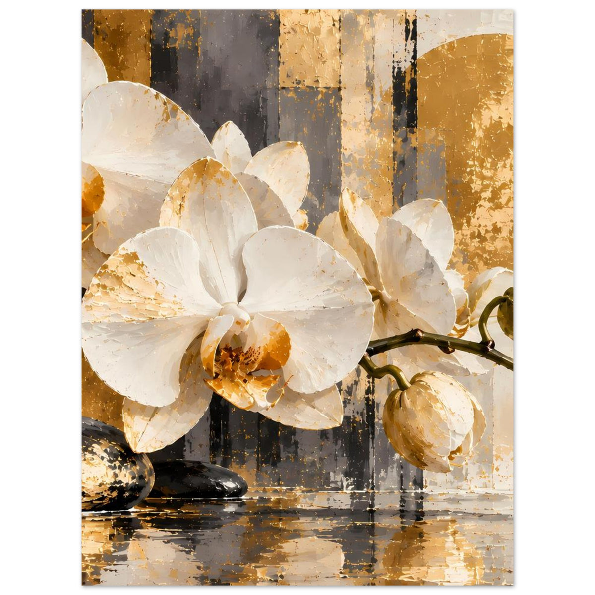 Orchideen-Poster im Hochformat mit weißen Blüten, gold-braunem Hintergrund und Ästen