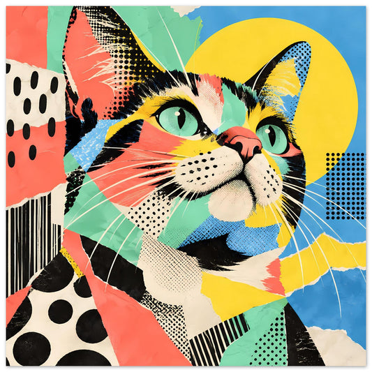 Pop-Art-Katzenposter mit farbenfrohem Porträt und grafischen Mustern, lebendige Farben