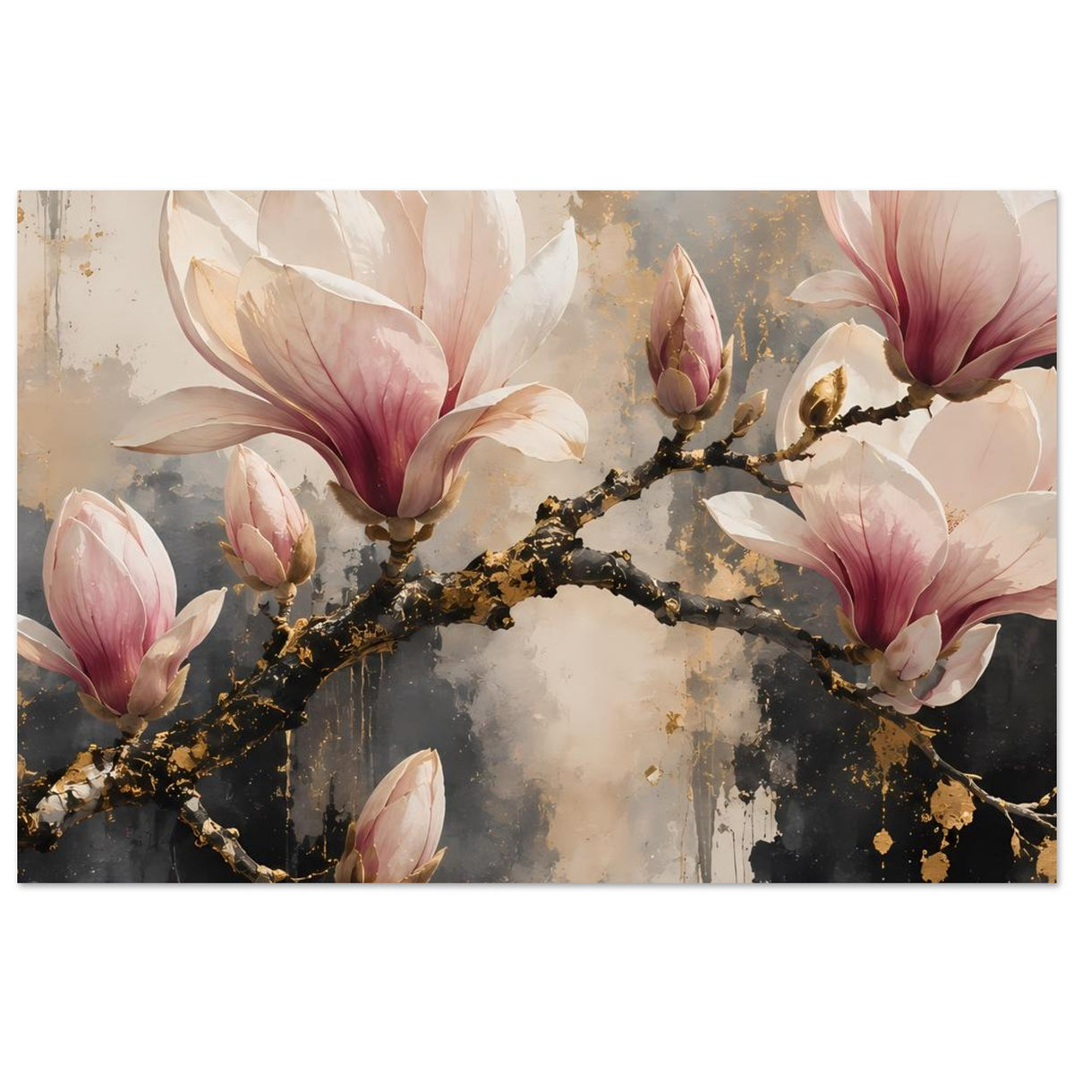 Magnolienblüten-Poster mit goldakzentuierten Ästen und rosa Blüten, horizontal