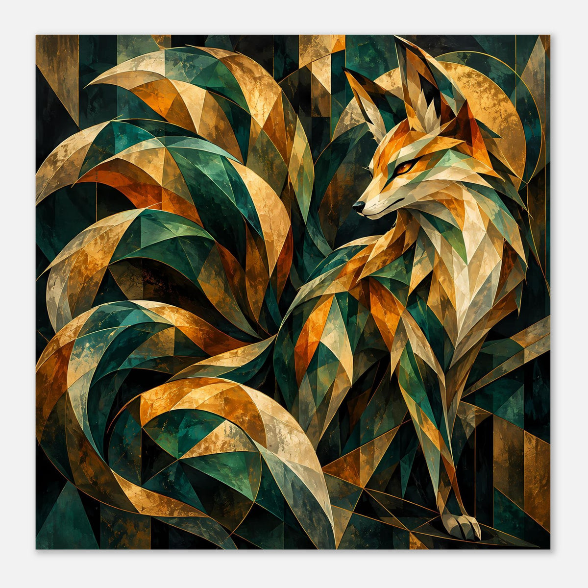 Quadratisches Kunstposter: Fuchs und Ranken aus prismatischen Flächen in Smaragdgrün und Gold