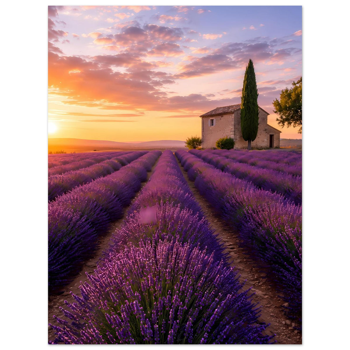 Lavendel-Sonnenuntergang-Poster, Lavendelpfade, Bauernhaus rechts und Zypressenbaum