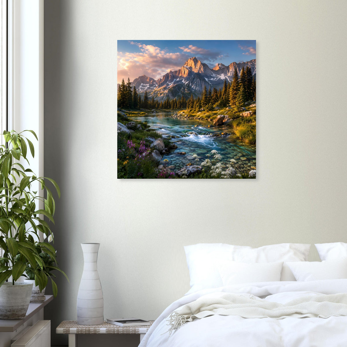 Quadratisches Landschaftsposter mit Flusslauf, Berggipfeln, Tannen und Abendhimmel