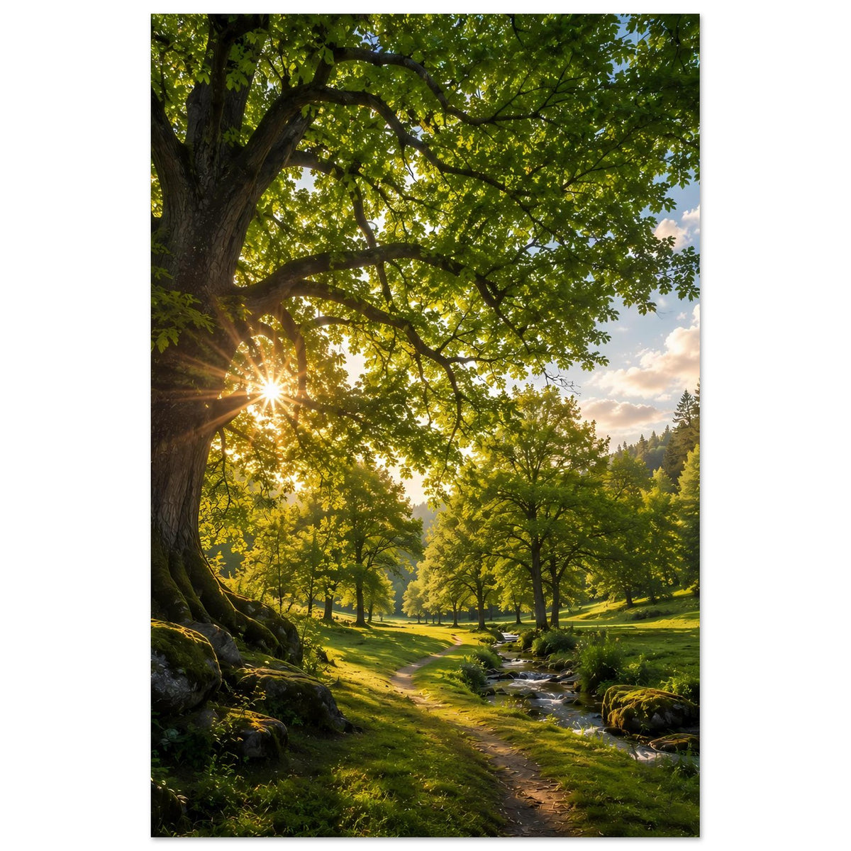 Vertikales Poster mit Baumwurzel, Waldpfad und Bachlauf im grünen Wald