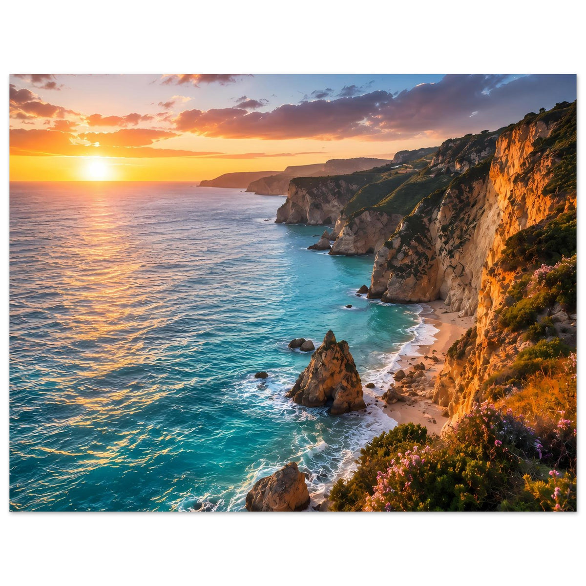 Horizontales Poster: Küstenklippen, türkisblaues Meer und Sonnenuntergang mit Wolken