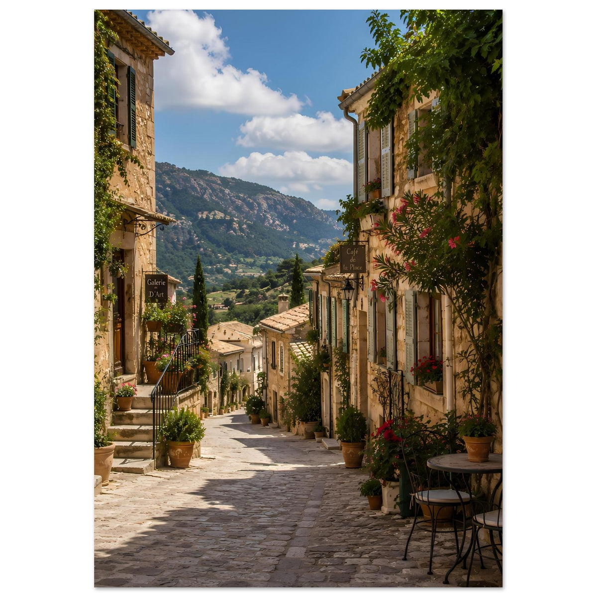 Mediterranes Poster: gepflasterter Weg zwischen Häusern, viele Töpfe, Aussicht auf Berge