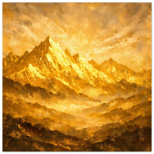 Bergpanorama-Poster in Goldtönen mit leuchtendem Gipfel und warmem Himmelslicht