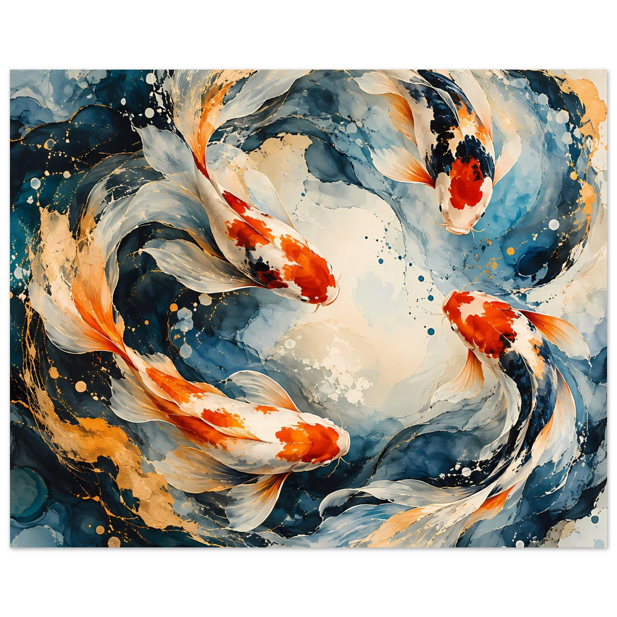 Japanisches Poster im Querformat: Koi-Fische mit blauem Wasserwirbel und orange-roten Flecken