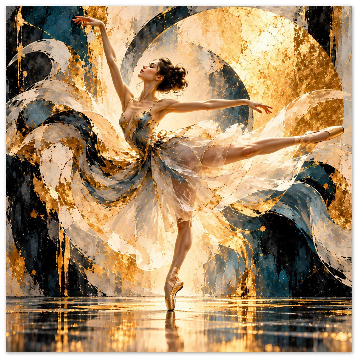 Ballett-Tanzposter: Tänzerin auf Zehenspitzen, beiges Tutu, abstrakte goldene Spritzer und Blau