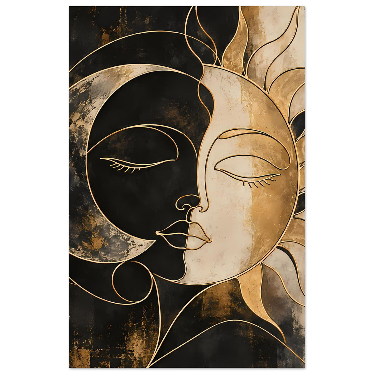 Kunstposter im Hochformat mit Yin-Yang: dunkler Mond links, goldene Sonne rechts, klare Konturen