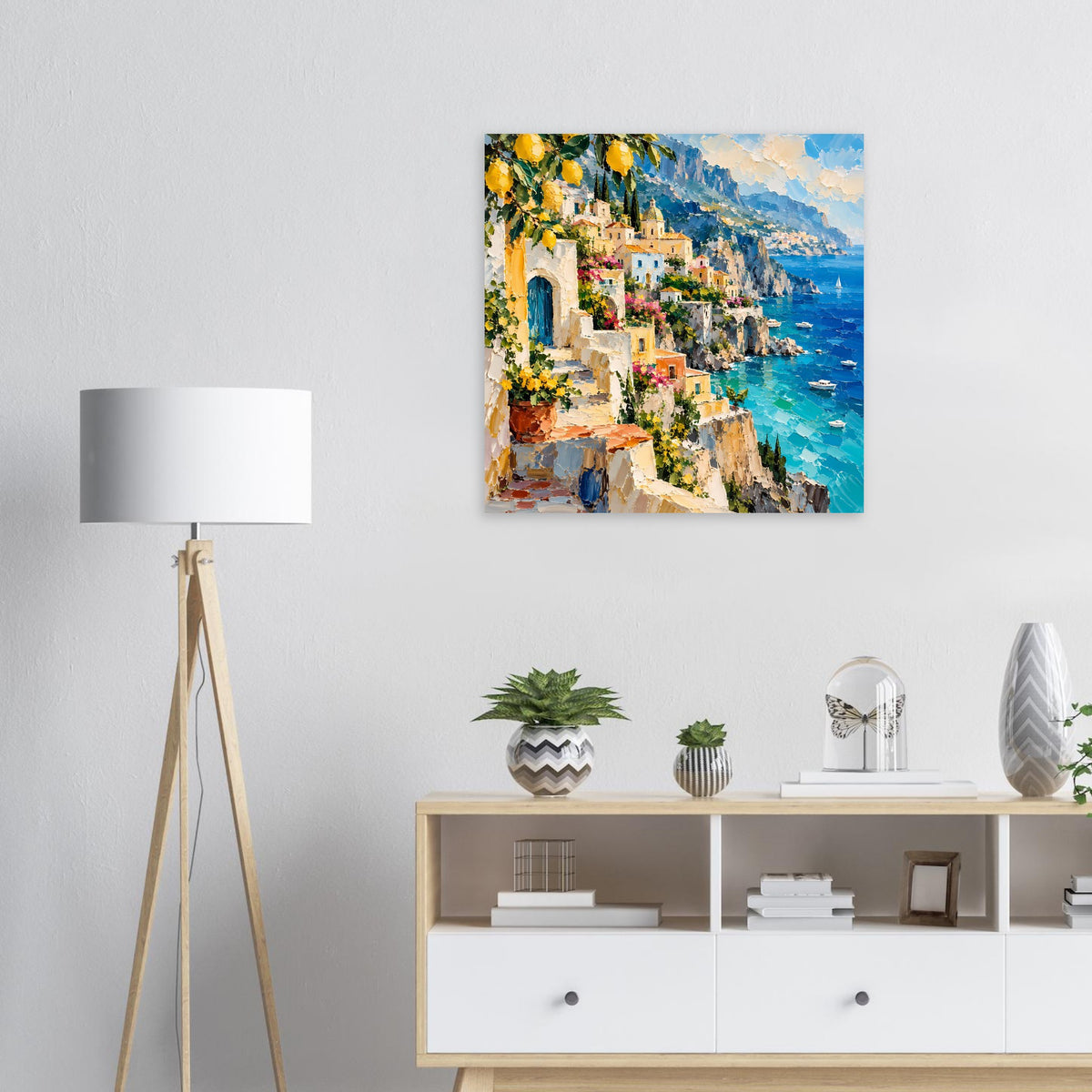 Quadratisches Poster mit mediterraner Küstenstadt, bunten Häusern und blauem Meer