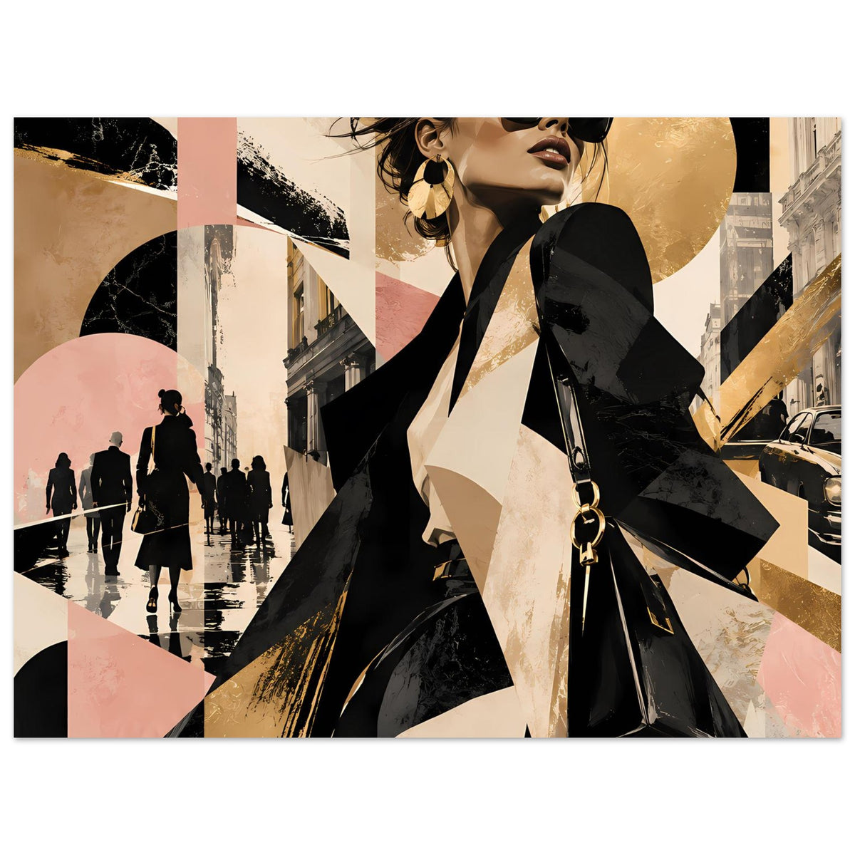 Mode-Poster im Querformat: Frau mit Sonnenbrille, goldige Flächen, kontrastreiche Linien