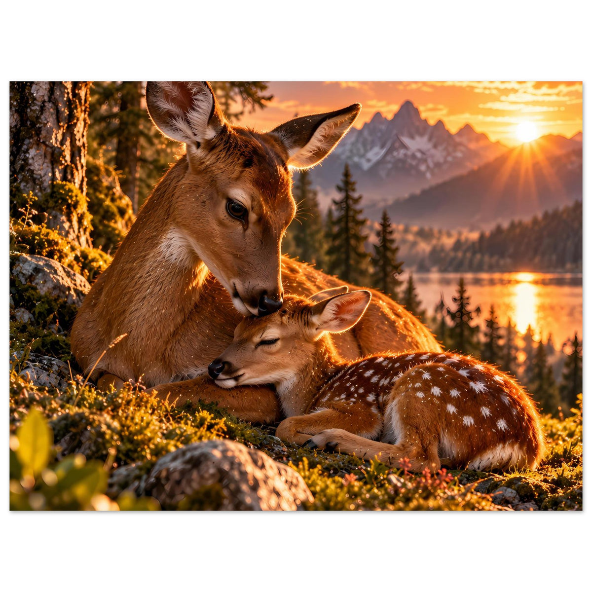 Poster mit Hirsch und Reh in warmen Sonnenuntergangstönen, Wiese und Tannenwald im Hintergrund