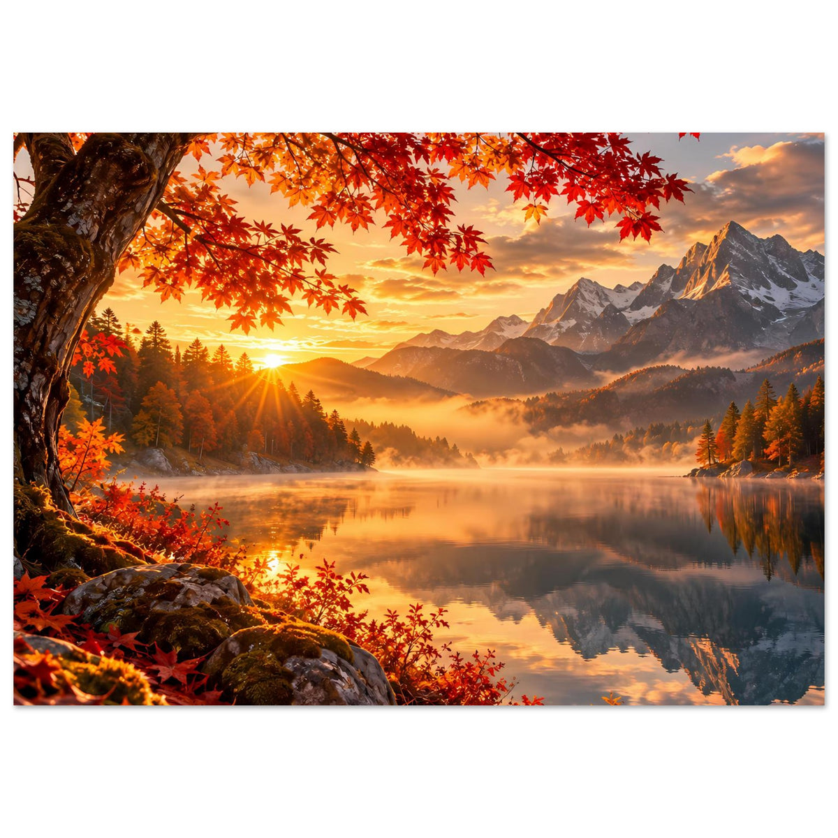 Herbstliches Sonnenaufgangs-Poster querformat mit Bergspitzen, See spiegelnd und roten Blättern