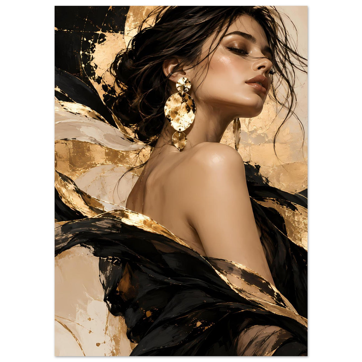 Poster im Hochformat mit Damenporträt: goldene Ohrringe, dunkles Kleid, goldene Akzentlinien