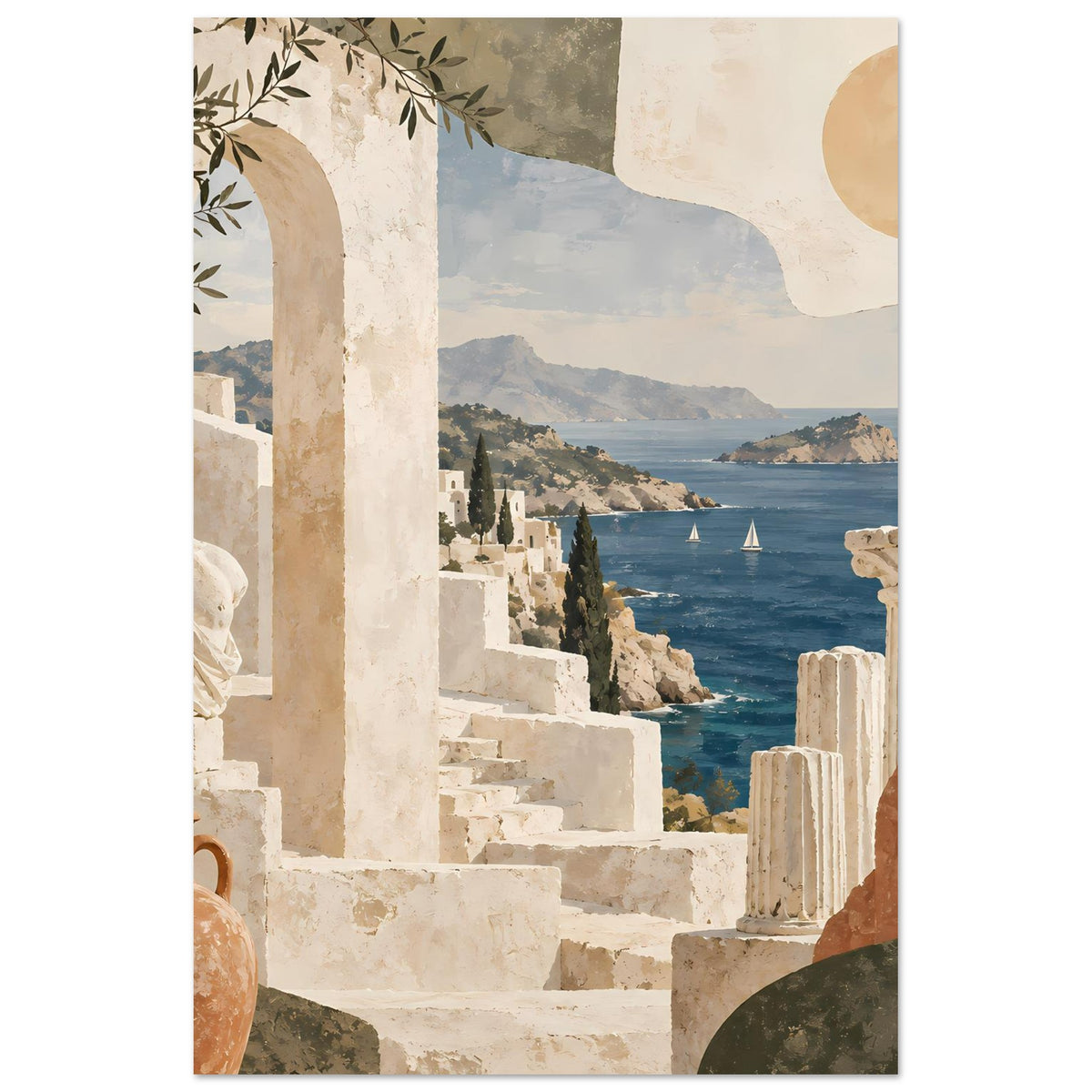 Urlaubs-Poster mit Küstenarchitektur: helle Mauern, Säulen und Bucht mit kleinen Segelbooten