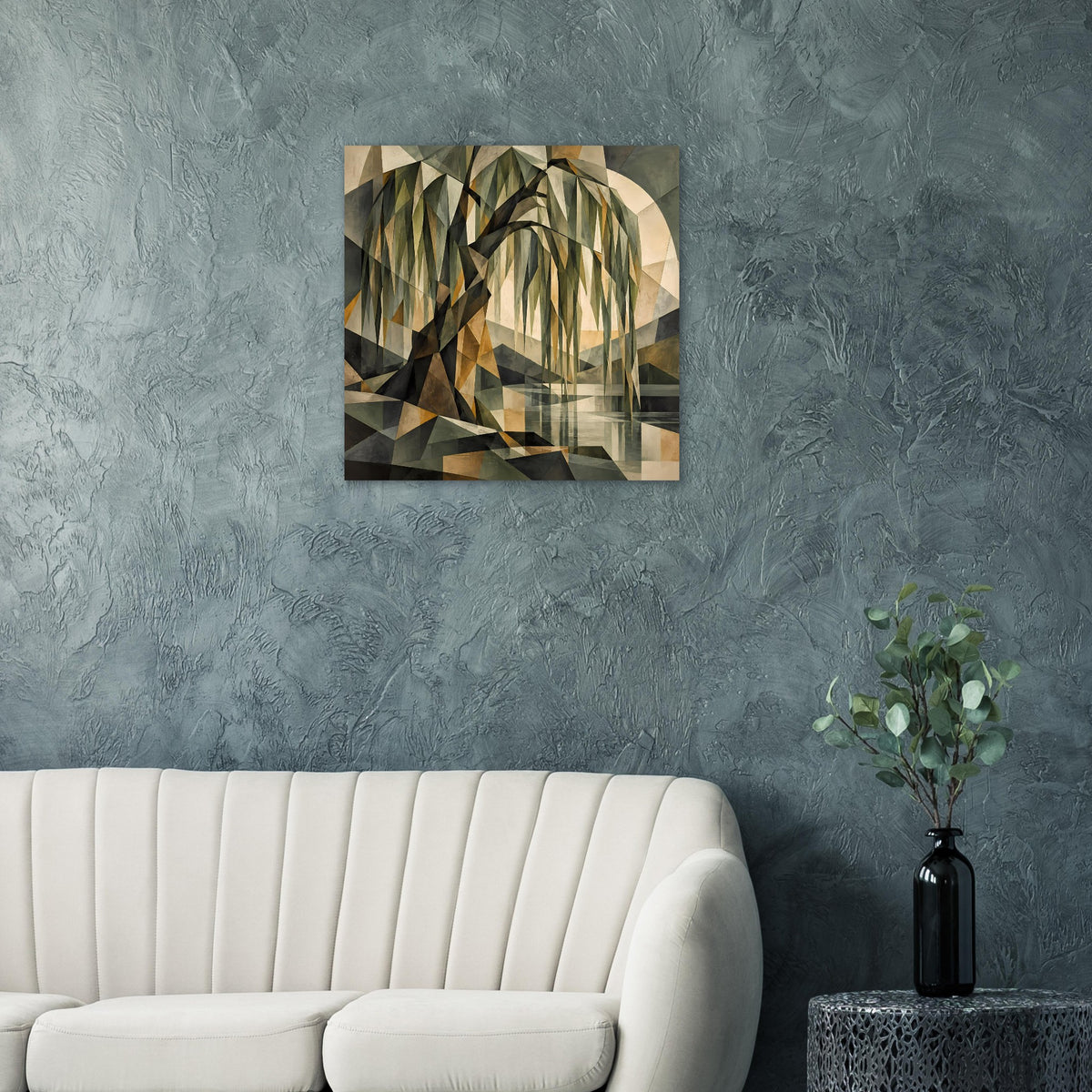 Wandposter mit geometrischem Baum-Motiv in grünen und braunen Tönen auf quadratischem Format