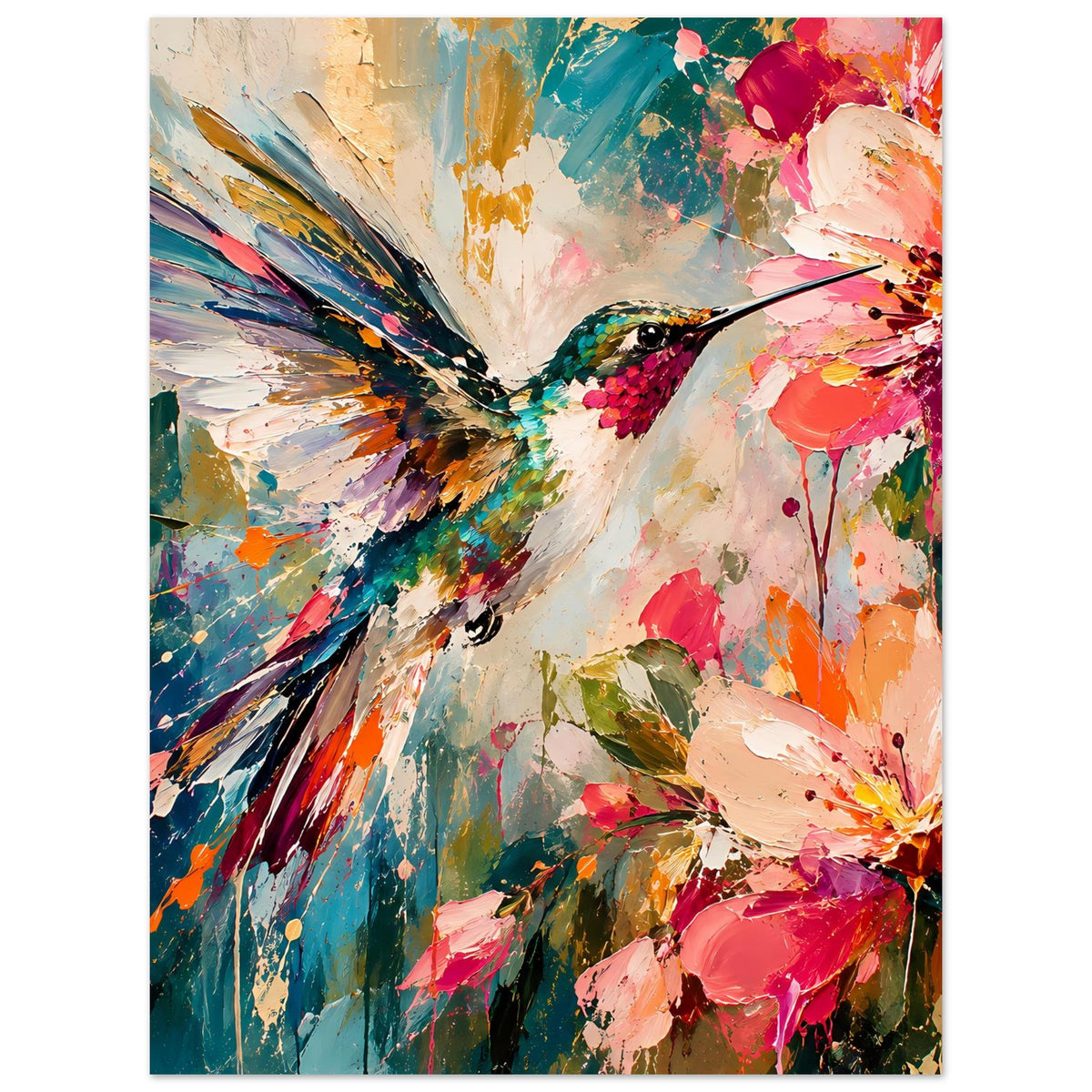 Kolibri-und-Blumen-Kunstdruck im Hochformat, zentriertes Kolibri-Motiv mit leuchtenden Farbklecksen