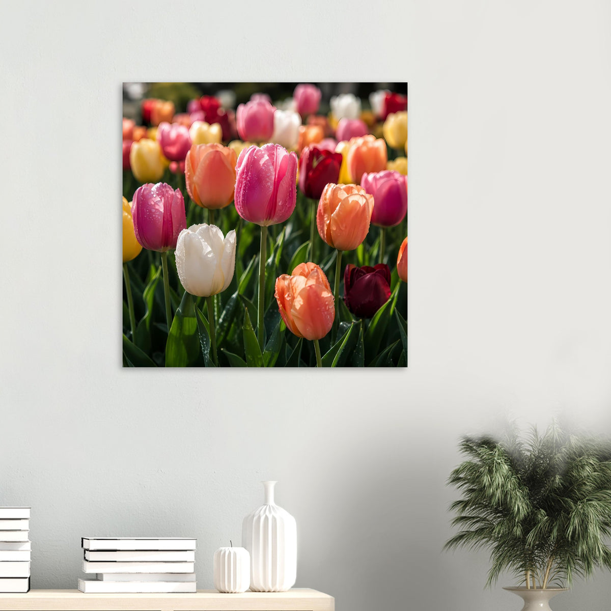 Quadratisches Tulpenposter mit bunten Tulpenblüten in Pink, Orange und Weiß