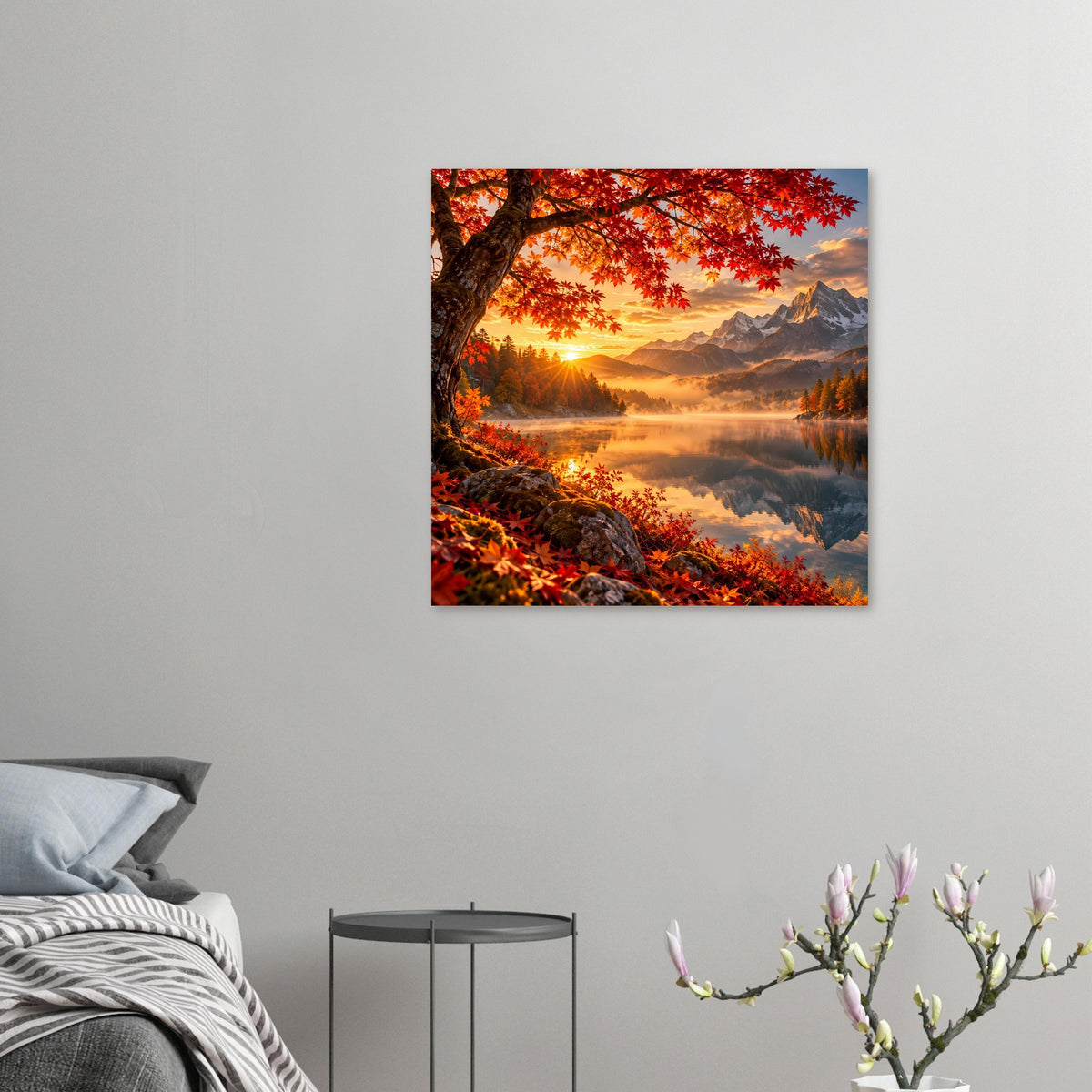 Herbstlandschaft-Poster mit Sonnenaufgang, Nebeltal, rotem Laub und Spiegelung im See