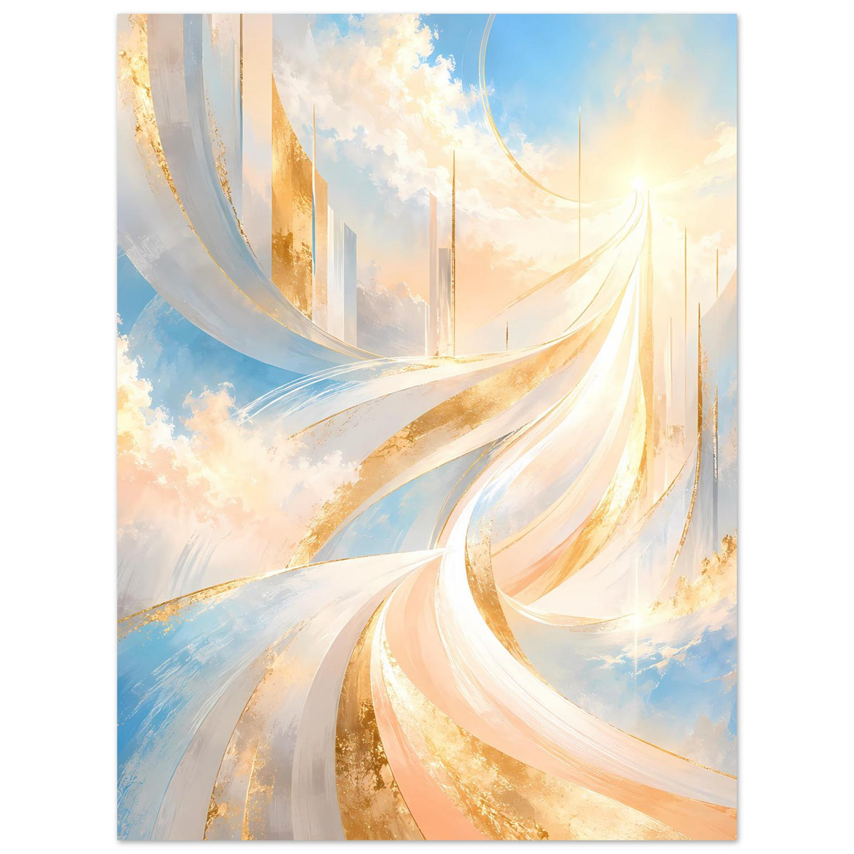 Abstraktes Poster im Hochformat mit fließenden Bändern in Blau, Gold und Creme