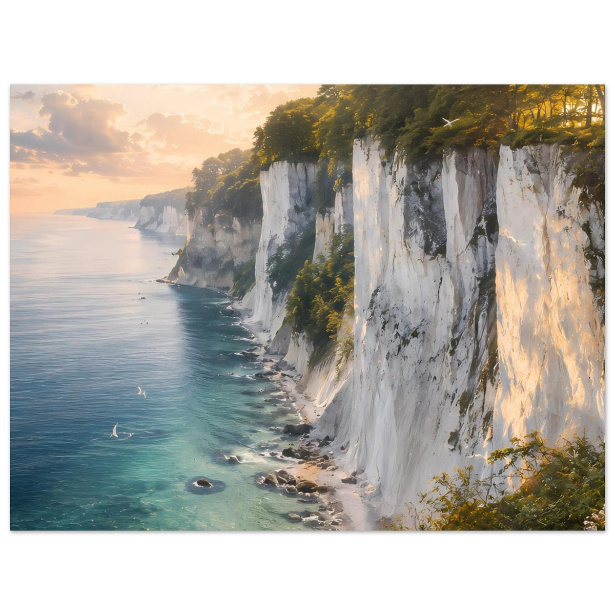 Gerahmtes Poster im Querformat: türkisblaues Meer entlang weißer Klippen mit Grün