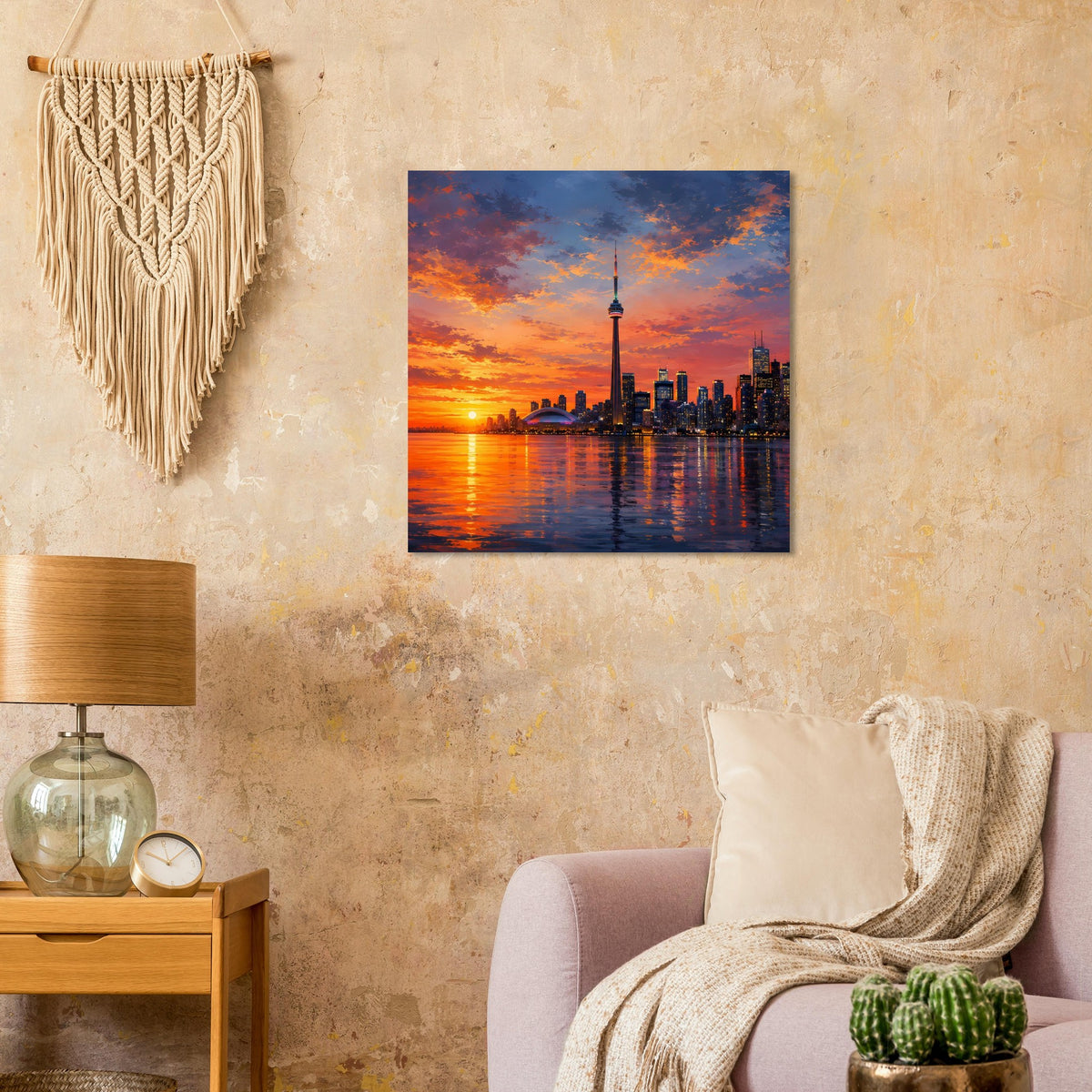 Poster mit Stadt-Skyline im Abendlicht: Fluss, Wolkenhimmel und Fernsehturm.