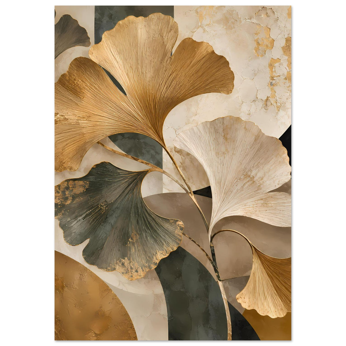 Botanisches Poster mit Ginkgo-Blättern, goldene Blätter und beiger Hintergrund, dunkelgrüner Zweig