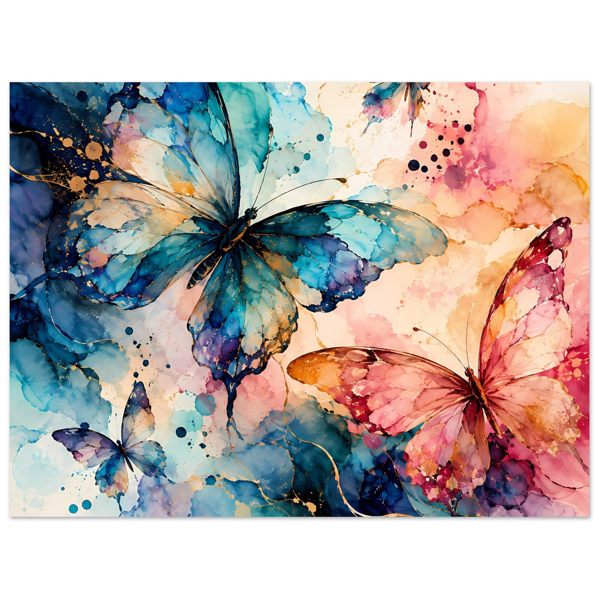 Aquarell-Schmetterlingsposter, Querformat: großer blauer Falter mittig, rosa Falter rechts.