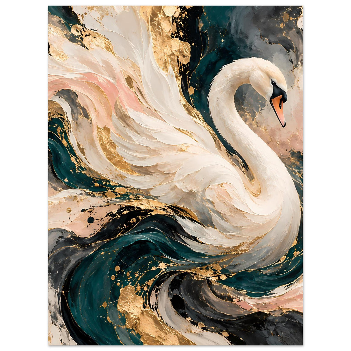 Kunstposter: weißer Schwan mit langem Hals, umgeben von goldenen und petrolfarbenen Wirbeln