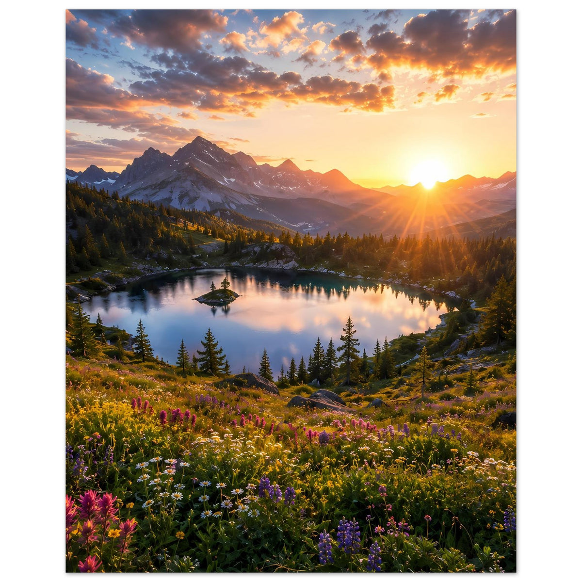 Vertikales Poster mit Sonnenuntergang über Bergsee, spiegelndem See und Bergkette.