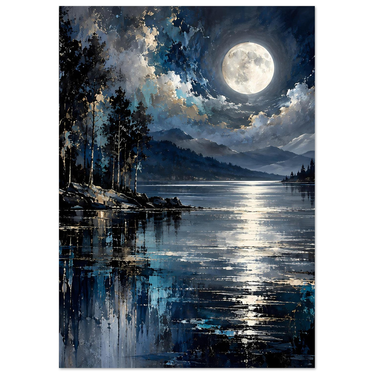 Landschaftsposter, vertikal: Vollmond über See mit reflektierenden Wasserstreifen und Bergkette.